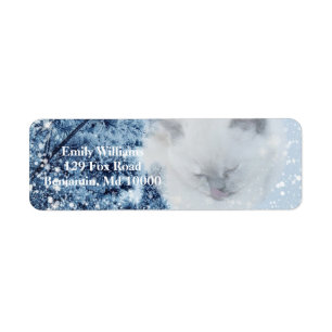 Mysigt Vit Katt Snowy Winter Forest Returadress Etikett