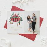 Mysigt Watercolor Red Winter Cottage Glad helg<br><div class="desc">Glad helg! Skicka varma semesterhälsningar till familj och vänner med det här guld-helgdag i anpassadet. Den har en vattentät röd vinterstuga med en viskös underlandscen. Anpassa det här vattenfärgsfotokortet genom att lägga till egna helgdag. Detta mysiga helgdag finns på andra kartonger.</div>