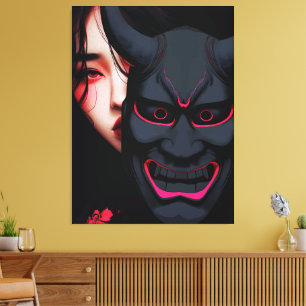 Mysterieus flicka med Oni-mask Dark japansk skräck Canvastryck