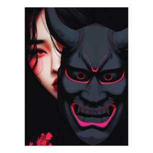 Mysterieus flicka med Oni-mask Dark japansk skräck Fototryck