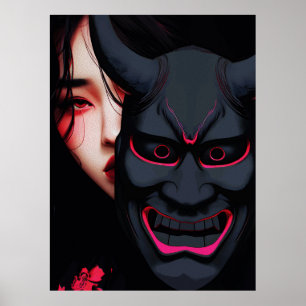 Mysterieus flicka med Oni-mask Dark japansk skräck Poster