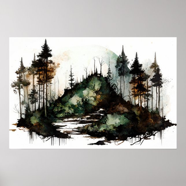Mysterik Mörk Forest Watercolor Poster (Framsidan)