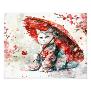 Mysterious Geisha Katt med röd parasoll Fototryck