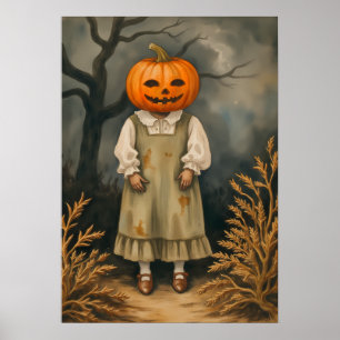 Mysterious Girl with Pumpkin Head - Spooky Poster