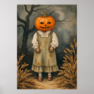 Mysterious Girl with Pumpkin Head - Spooky Poster