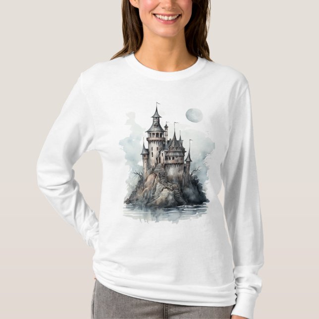 Mysterious Gothic Castle Halloween Art T Shirt (Framsida)