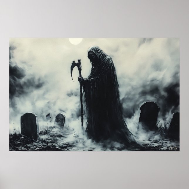 Mysterious Grim Reaper i en dimmig kyrkogård Poster (Framsidan)