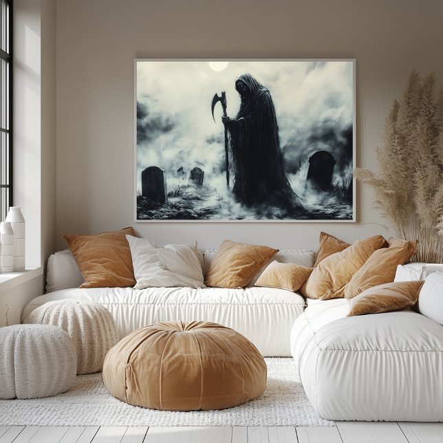 Mysterious Grim Reaper in a Foggy Graveyard Poster (Skapare uppladdad)