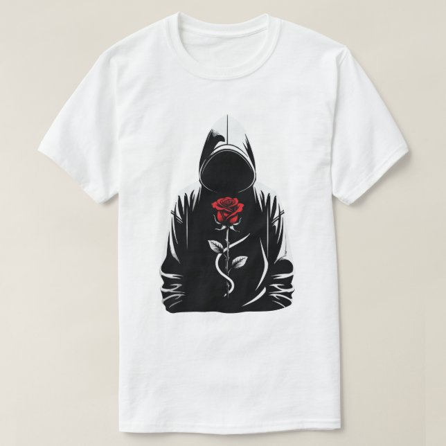 Mysterious Hooded Figure with Red Rose – Dark Love T Shirt (Design framsida)