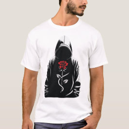 Mysterious Hooded Figure with Red Rose – Dark Love T Shirt
