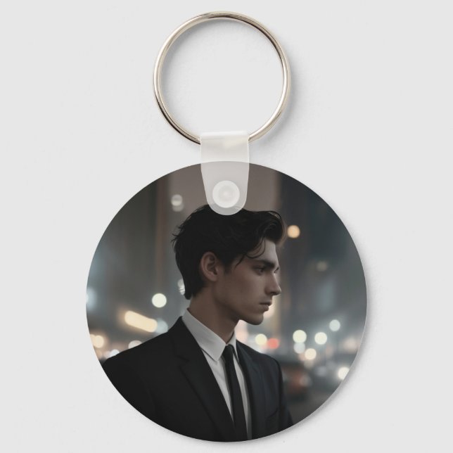 Mysterious Man i Kostym på natten - Cinematic Urba Nyckelring (Framsida)