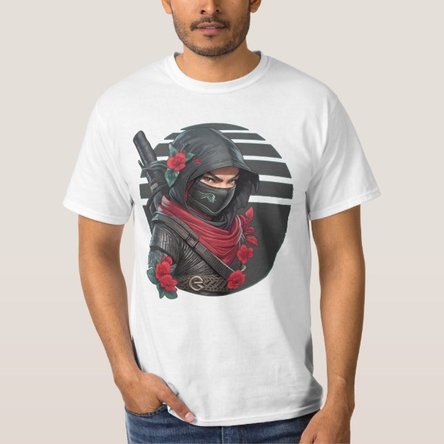 Mysterious Ninja Warrior with Sword and Red Scarf T Shirt (Framsida)