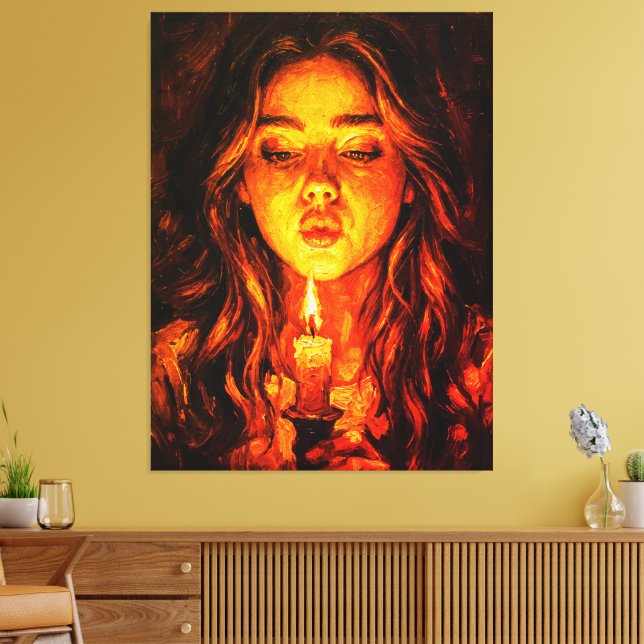 Mysterious Woman Blowing Candle Oil Painting Canvastryck (Insitu (Vardagsrum))