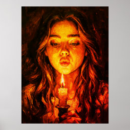 Mysterious Woman Blowing Candle Oil Painting Poster