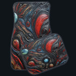 Mysterisk Aliennärvaro i en kosmetisk Realm Bilmatta<br><div class="desc">En pulserande och surrealistisk skildring av en främmande figur som förenar sig med snurrande kosmisk mönster och celestial-kroppar.</div>