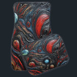 Mysterisk Aliennärvaro i en kosmetisk Realm Bilmatta<br><div class="desc">En pulserande och surrealistisk skildring av en främmande figur som förenar sig med snurrande kosmisk mönster och celestial-kroppar.</div>