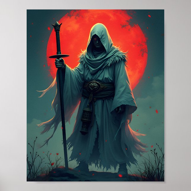 Mysterisk kappfigur under blodmåne   poster (Framsidan)