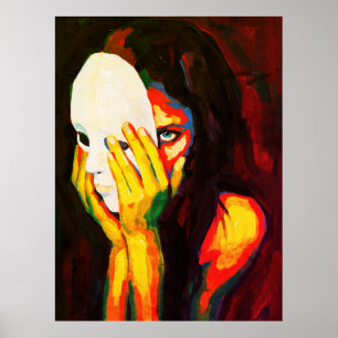 Mysterisk kvinna som håller mask Dramatisk oljemål Poster