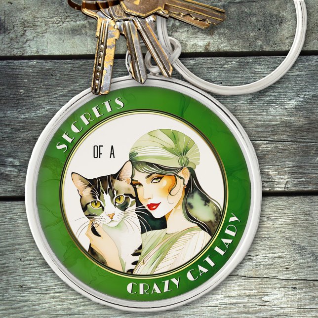 Mysterisk vattenfärg Crazy Cat Dam-nyckelkedja Rund Silverfärgad Nyckelring (Keychain featuring a watercolor painting in art deco Gatsby style of a mysterious lady with her cat )