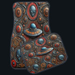 Mysteriskt Alien Craft i färglös kosmetisk design Bilmatta<br><div class="desc">I kreativitetens fantasifulla visning finns en sjabbig rymdfarkost i mitten,  omgiven av mönster och vibrerande himmelska kroppar.</div>