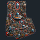 Mysteriskt Alien Craft i färglös kosmetisk design Bilmatta<br><div class="desc">I kreativitetens fantasifulla visning finns en sjabbig rymdfarkost i mitten,  omgiven av mönster och vibrerande himmelska kroppar.</div>