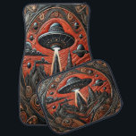 Mysteriskt Alien möter över en Futuristiska City Bilmatta<br><div class="desc">I ett surrealistiskt landskap,  en slående UFO-hovring ovanför ett besprutningsmetropol med vassa torn och tåliga berg.</div>
