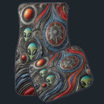 Mysteriskt Alienmöte i Cosmos Bilmatta<br><div class="desc">Djupt i en färglös kosmisk konfektion observerar ovanliga utomjordingar sin omgivning med nyfikna uttryck. Omgiven av snurrande mönster och pulserande orber verkar de utforska mysterierna i ett avlägset universum,  vilket framkallar  och intrig.</div>