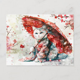 Mysteriskt Geisha Cat med röd parasol Vykort