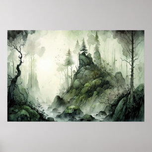 Mysteriskt Mist Forest Watercolor Poster