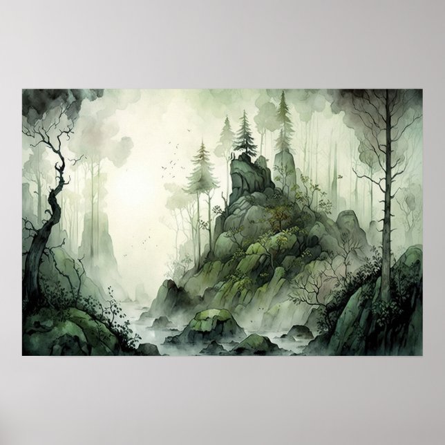 Mysteriskt Mist Forest Watercolor Poster (Framsidan)