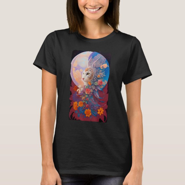 Mysteriskt Royal Måne Cat med Snöre Vingar och flö T Shirt (Framsida)
