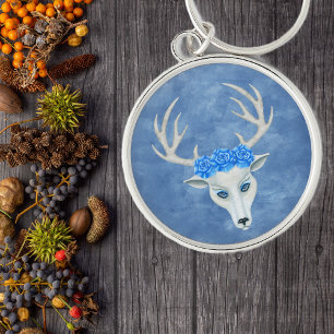 Mysterium White Hjort Head Antlers Blue Ro Rund Silverfärgad Nyckelring