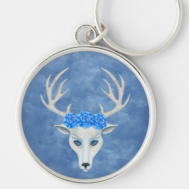 Mysterium White Hjort Head Antlers Blue Ro Rund Silverfärgad Nyckelring (Framsidan)