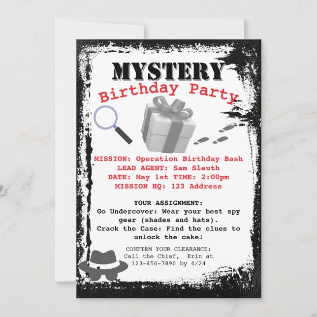 Mystery Sleuth Födelsedagsfest Uppdrag Inbjudningar (Framsida)