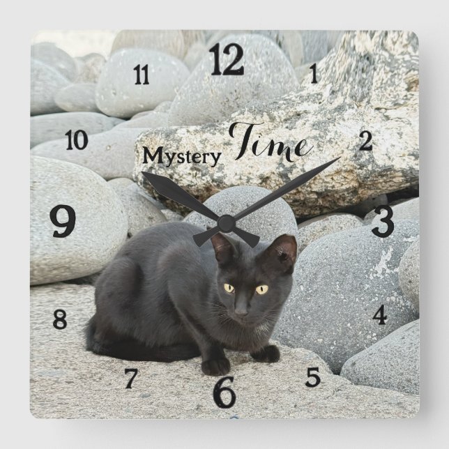 Mystery Time – Black Cat Wall Clock Fyrkantig Klocka (Framsida)