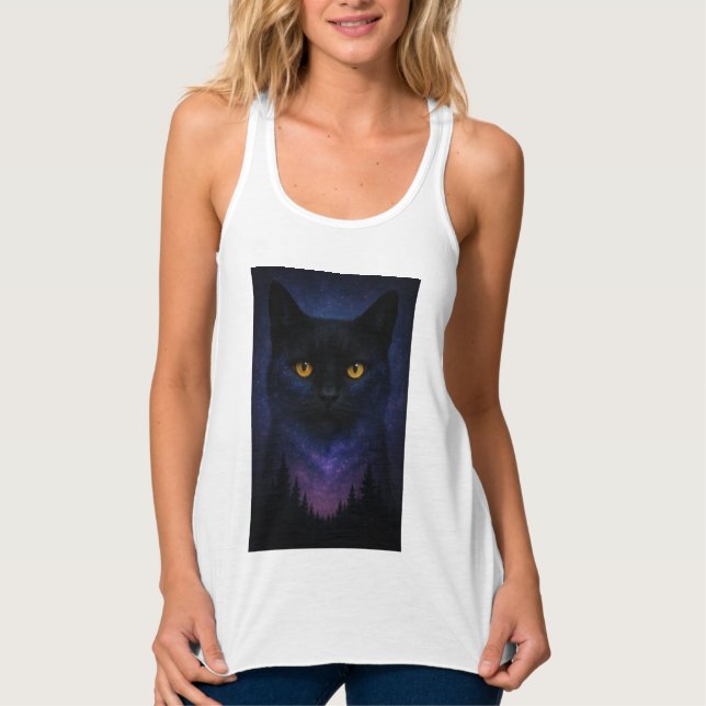 Mystic Black Cat Starry Night Forest Linne Med Racerback (Framsida)