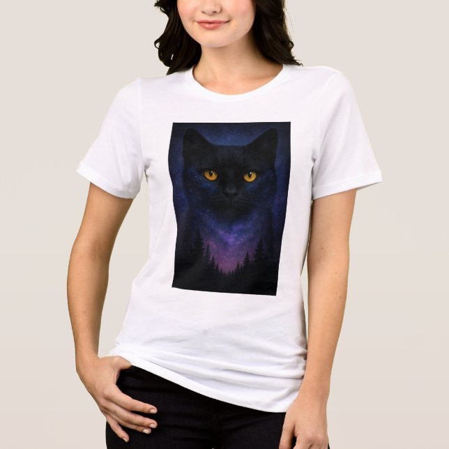 Mystic Black Cat Starry Night Forest T Shirt (Framsida)