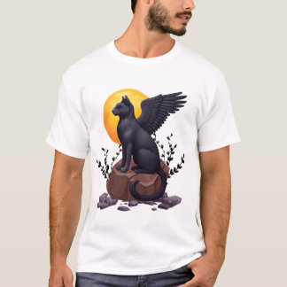 Mystic Black Winged Cat under Måne | Fantasy A T Shirt