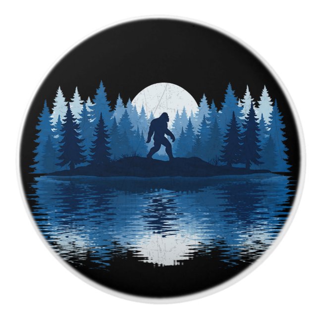 Mystic Blue Forest Bigfoot Moon Silhouette Door Knopp (Framsidan)