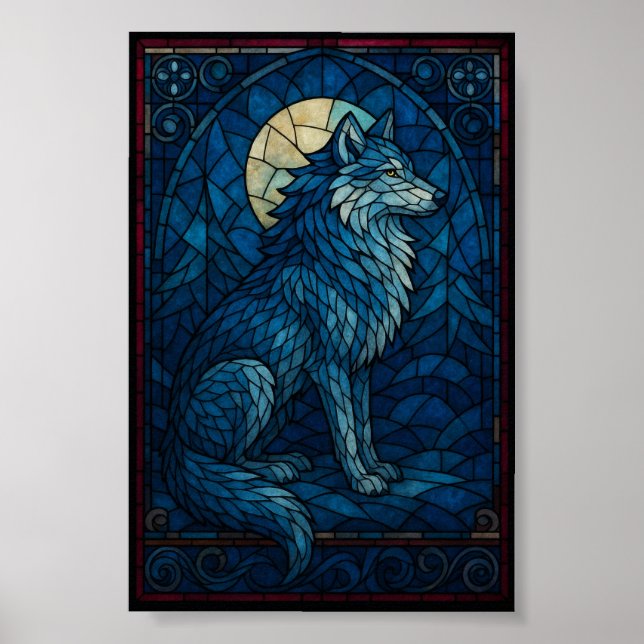 Mystic Blue Wolf – Stained Glass Style Wall Art Poster (Framsidan)