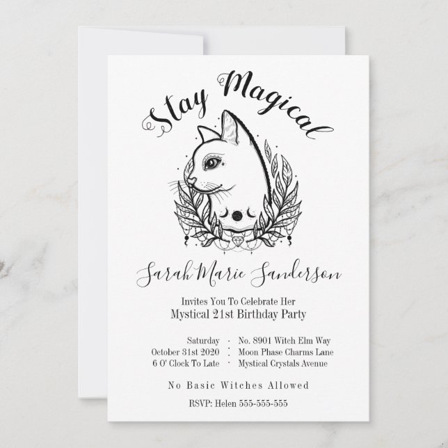 Mystic Cat 21st Birthday Magic Halloween Moonphase Inbjudningar (Framsida)