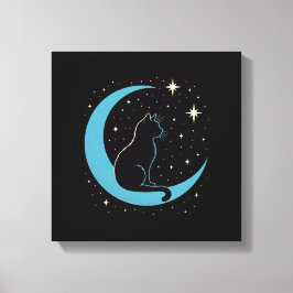 Mystic Cat on Blue Moon Night Sky Canvastryck