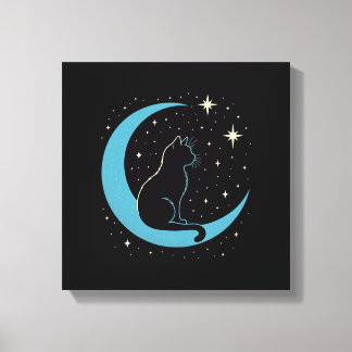 Mystic Cat on Blue Moon Night Sky Canvastryck