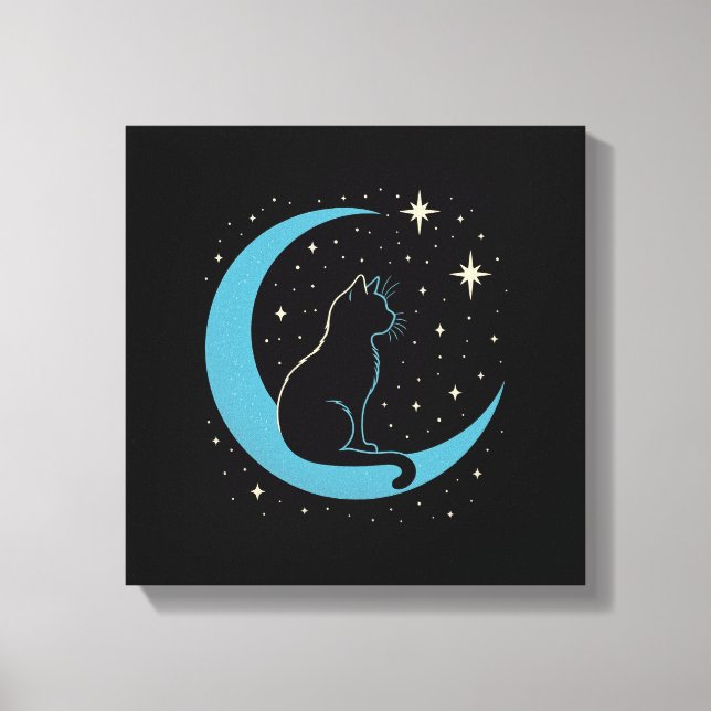Mystic Cat on Blue Moon Night Sky Canvastryck (Framsida)