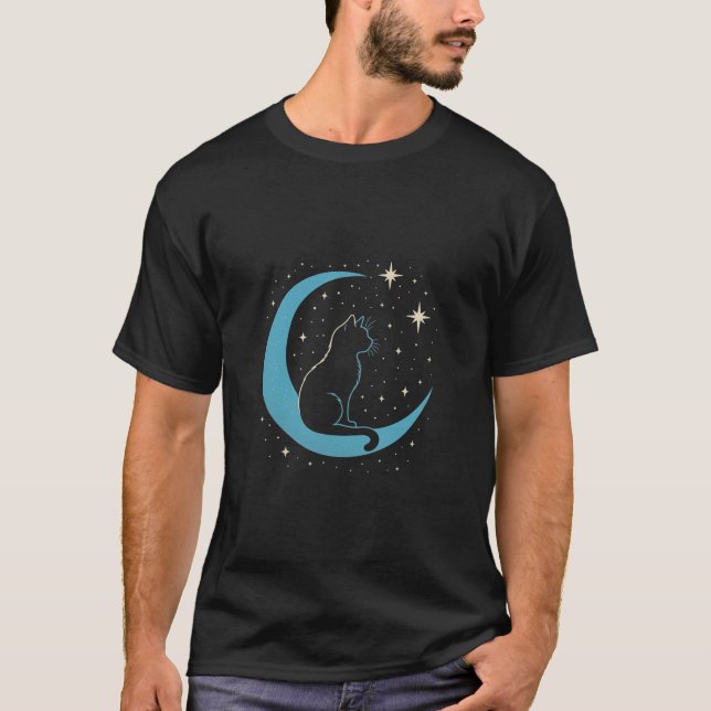 Mystic Cat on Blue Moon Night Sky T Shirt (Framsida)