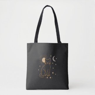 Mystic Cat Tote Bag- Minimalist Celestial Line Ar Tygkasse
