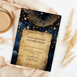 Mystic Celestial Midnight Blue Guld Stars Måne Inbjudningar