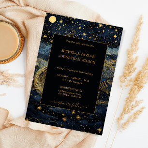 Mystic Celestial Midnight Blue Guld Stars Måne Inbjudningar
