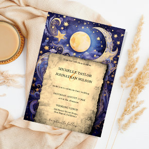 Mystic Celestial Midnight Blue Guld Stars Måne Inbjudningar