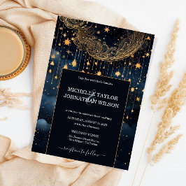 Mystic Celestial Midnight Blue Guld Stars Måne Inbjudningar